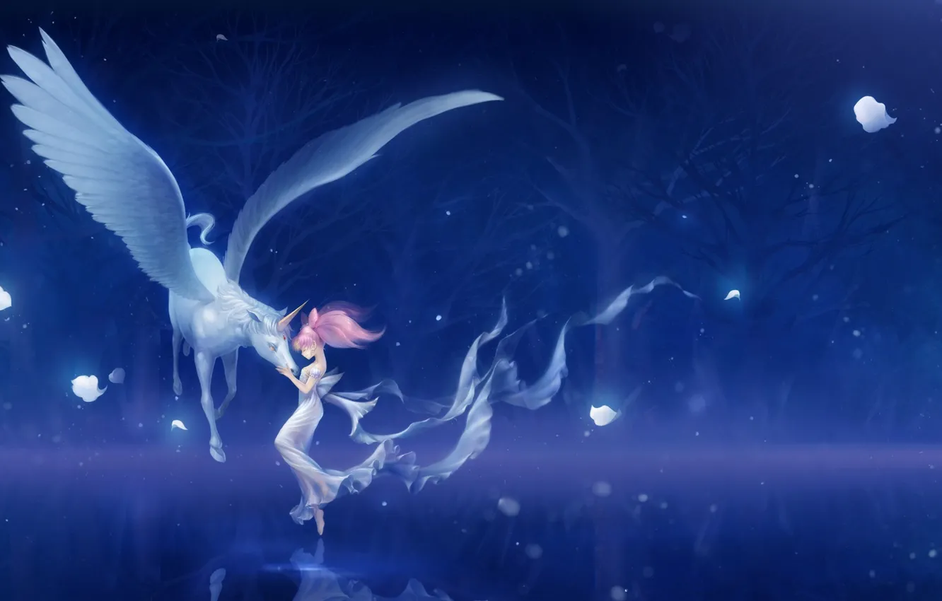 Фото обои девушка, деревья, ночь, магия, аниме, арт, единорог, bishoujo senshi sailor moon