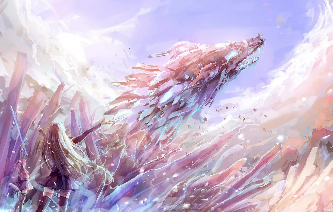 Фото обои лед, небо, оружие, девушки, дракон, меч, аниме, арт