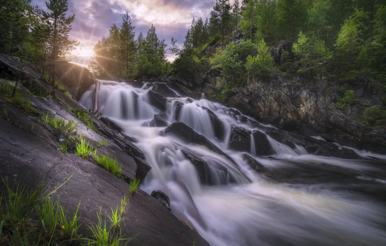 Фото обои деревья, река, камни, скалы, водопад, Норвегия, каскад, Norway