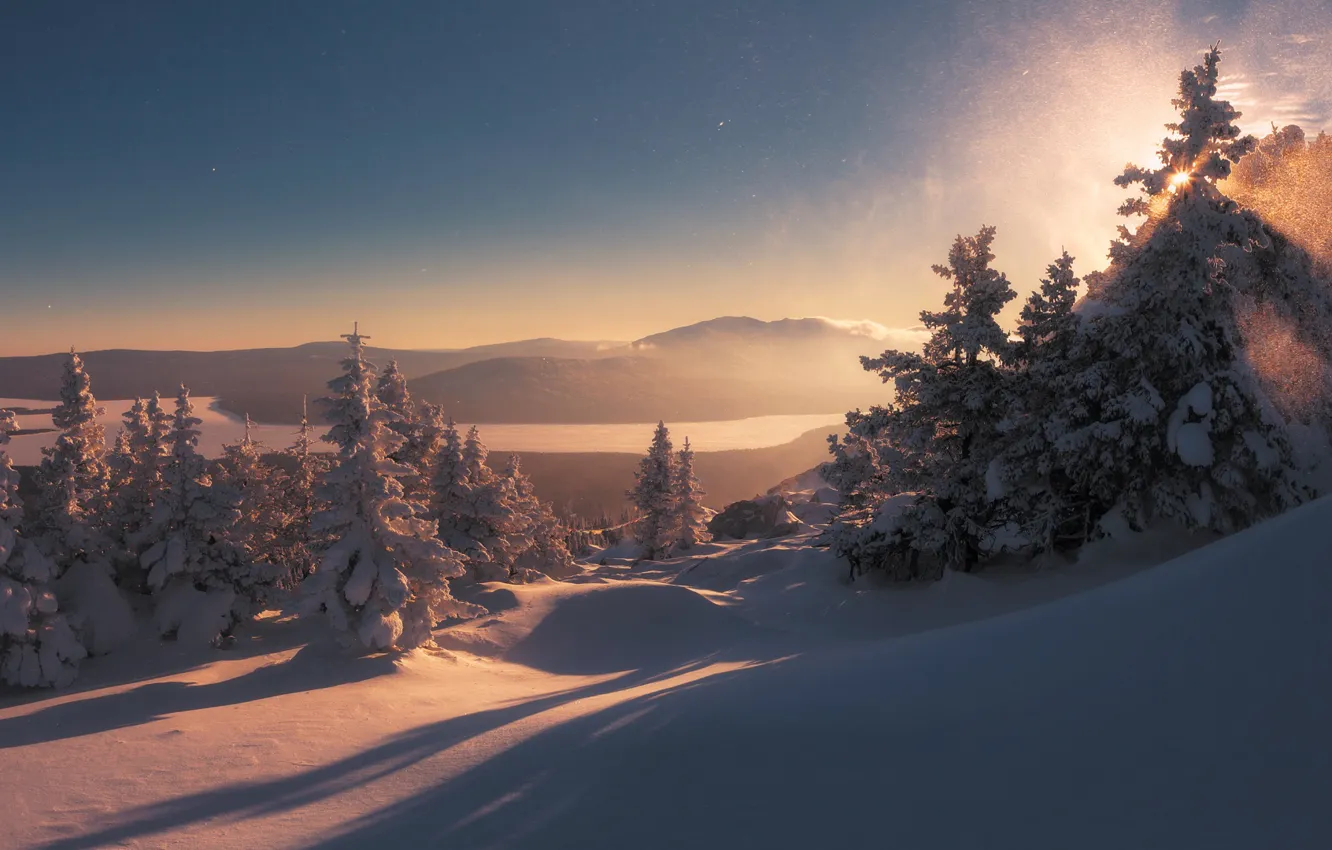 Фото обои зима, снег, деревья, пейзаж, горы, природа, утро, тени