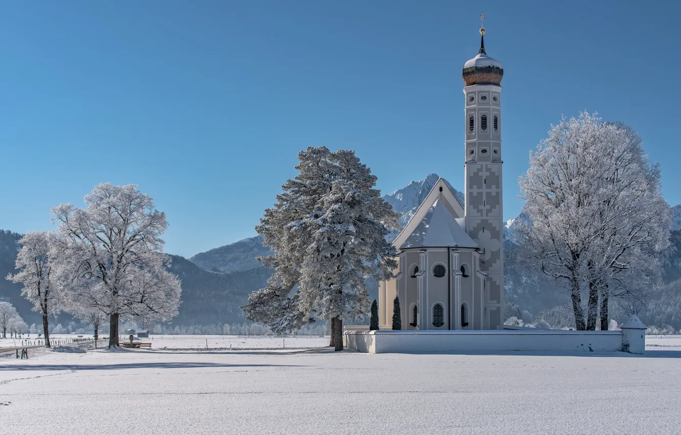 Фото обои зима, деревья, горы, Германия, Бавария, Альпы, церковь, Germany