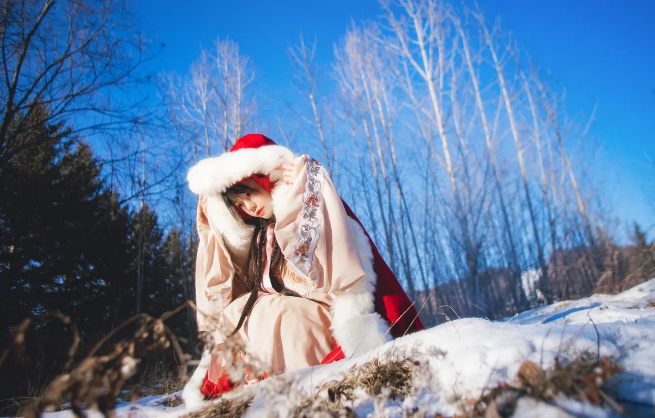 Фото обои Sky, Beautiful, Asian, Model, Snow, Woman, Ice, Trees