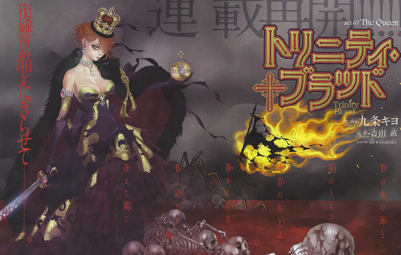 Фото обои пламя, меч, корона, кости, черепа, Trinity Blood, кровь триединства, art Shibamoto Thres