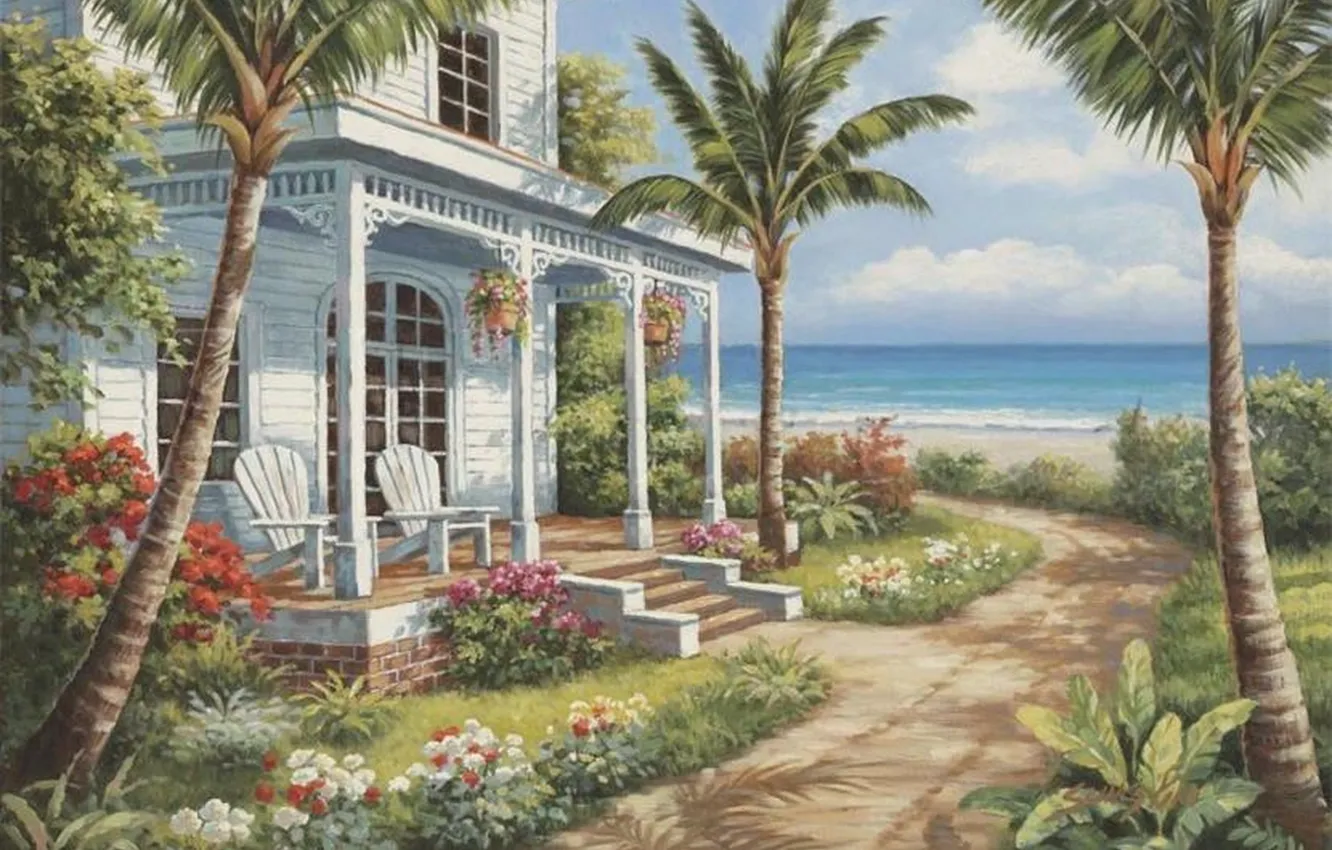 Фото обои море, дом, пальмы, картина, живопись, painting, Sung Kim