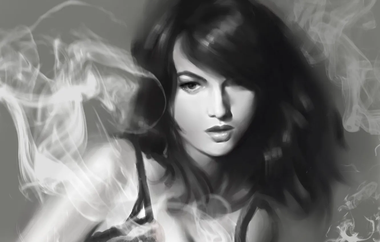 Фото обои девушка, дым, рисунок, арт, черно-белое, монохромное