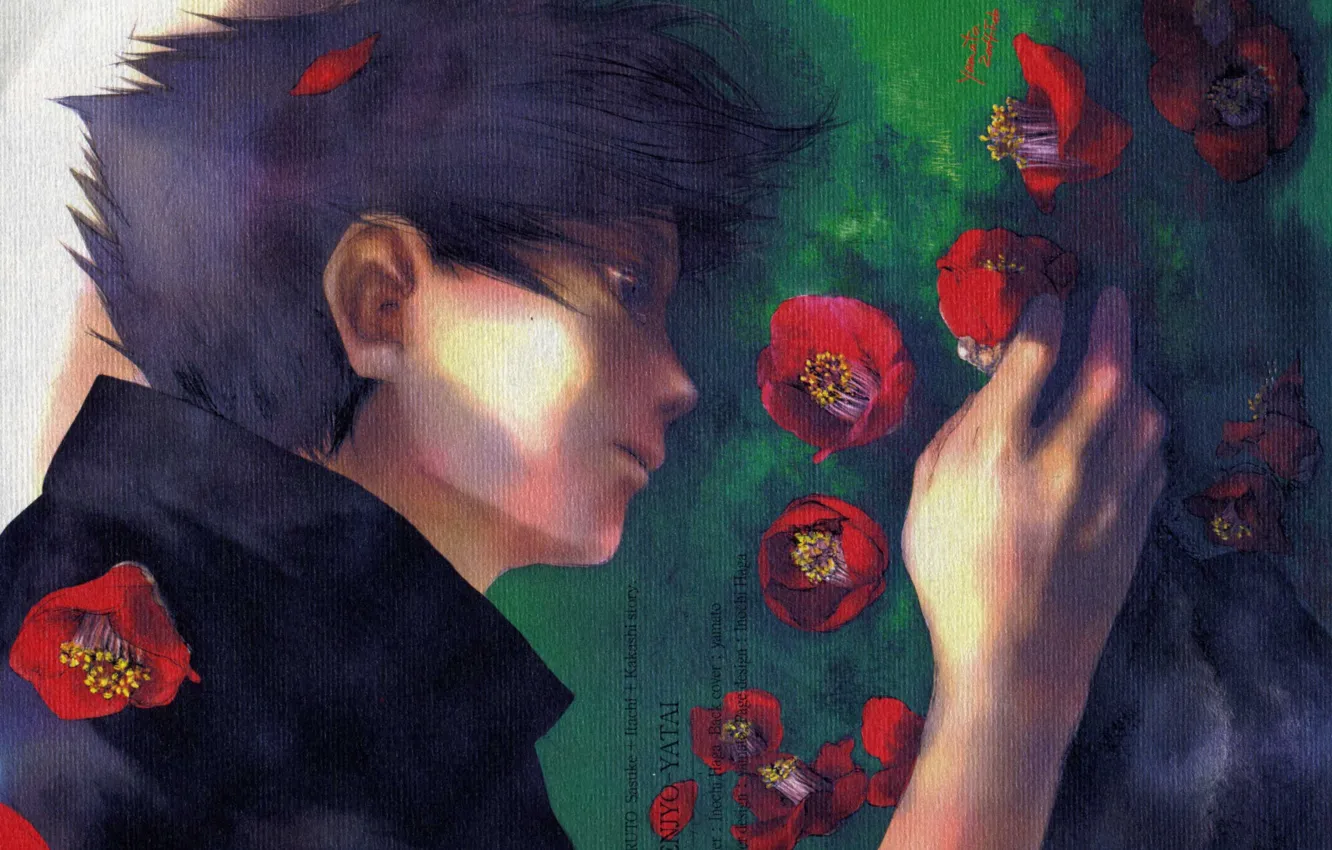 Фото обои грусть, рука, art, на траве, Sasuke Uchiha, в профиль, Naruto Shippuden, Yamato