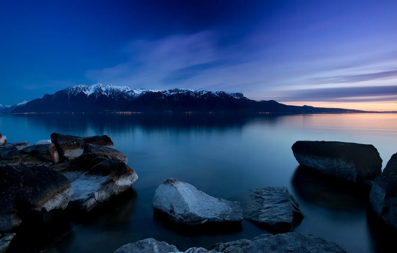 Фото обои пейзаж, ночь, озеро, камни