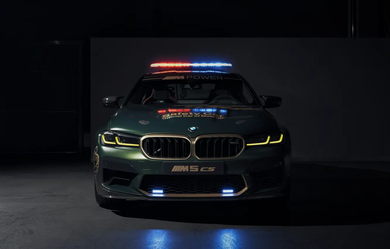 Фото обои зеленый, green, BMW, MotoGP, Front, Lights, Темный фон, Safety Car