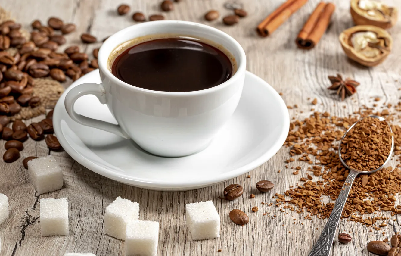 Фото обои кофе, ложка, кружка, сахар, кофейные зёрна