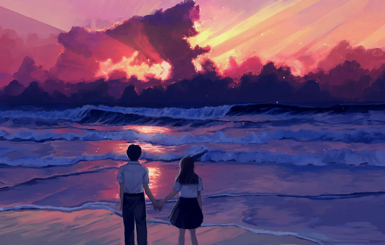 Фото обои море, небо, любовь, закат, школьники