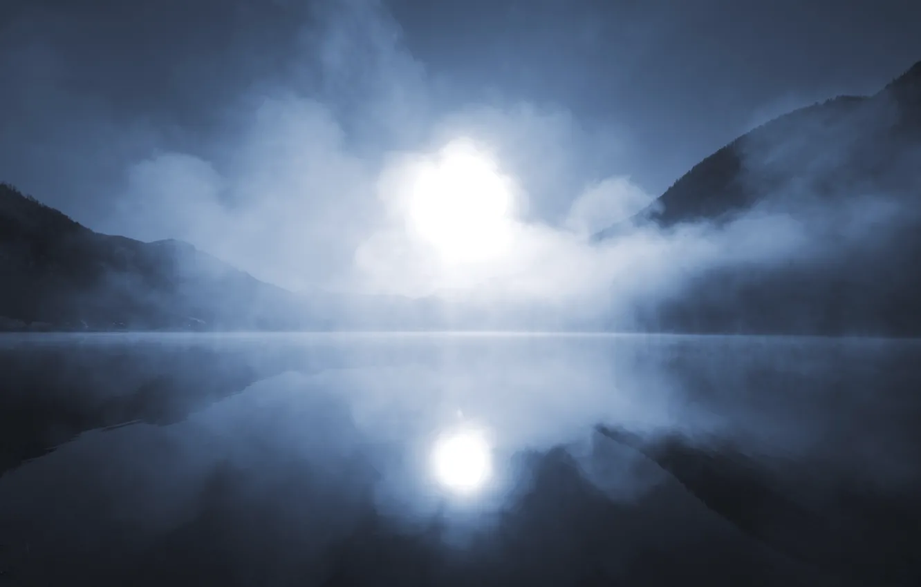 Фото обои солнце, туман, озеро, отражение