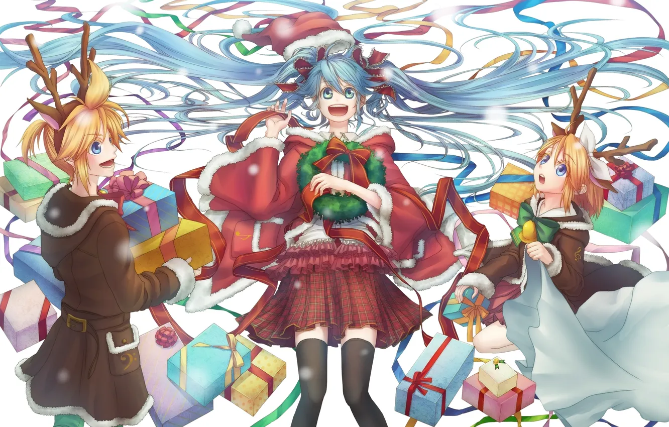 Фото обои девушка, праздник, подарок, шапка, новый год, арт, Рождество, рога