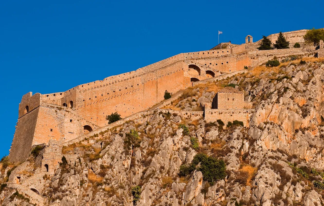 Фото обои небо, скала, стена, Греция, крепость
