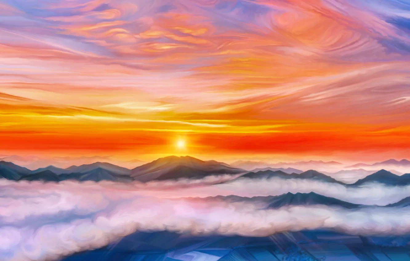Фото обои облака, закат, горы, by exobiology