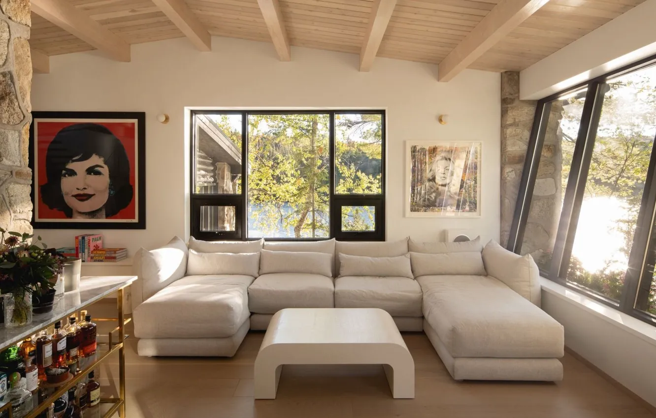 Фото обои дизайн, интерьер, бар, софа, гостиная, by Paul Bernier Architecte, Cottage on the Point