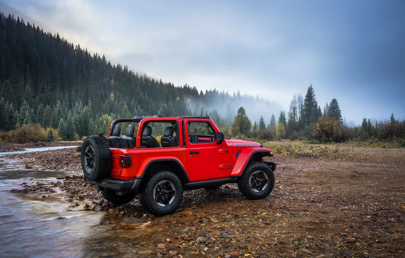 Фото обои красный, камни, берег, 2018, Jeep, запасное колесо, Wrangler Rubicon