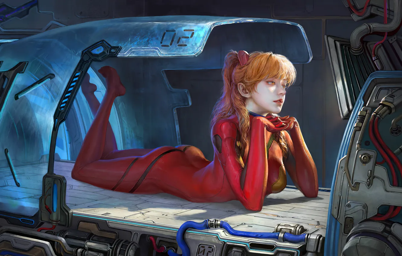 Фото обои ass, Neon Genesis Evangelion, bodysuit, long hair, Asuka Langley Soryu, redhead, fan art, orange eyes