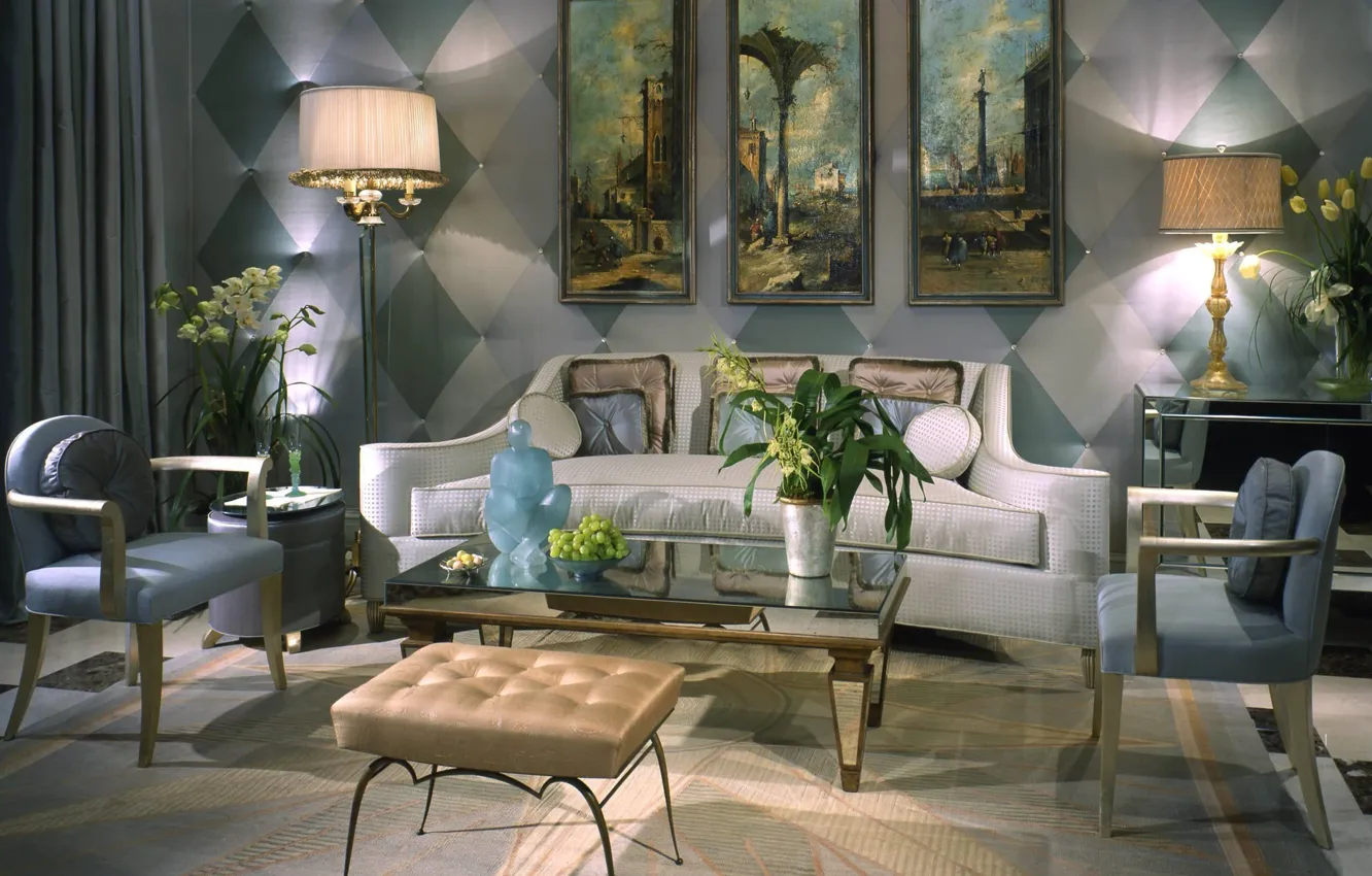 Фото обои дизайн, картины, софа, гостиная в венецианском стиле ар-деко, Venetian inspired art-deco living room, by James …