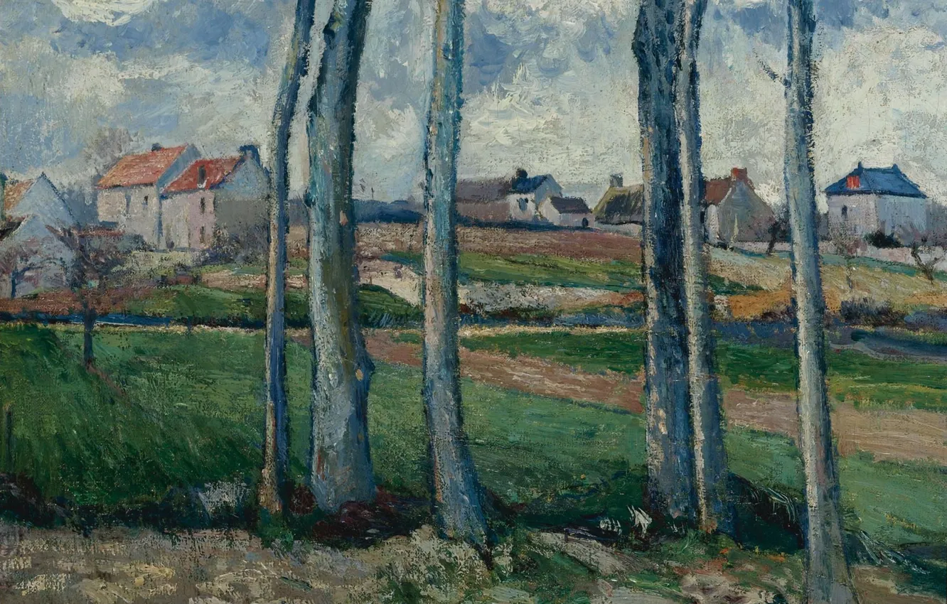 Фото обои пейзаж, дом, картина, Victor Vignon, Виктор Виньон, Деревня за Деревьями