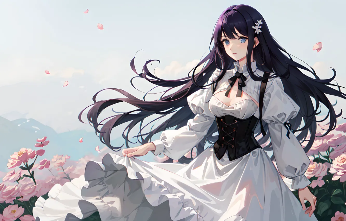 Фото обои цветы, розы, аниме, светлый фон, длинные волосы, long hair, anime, flowers