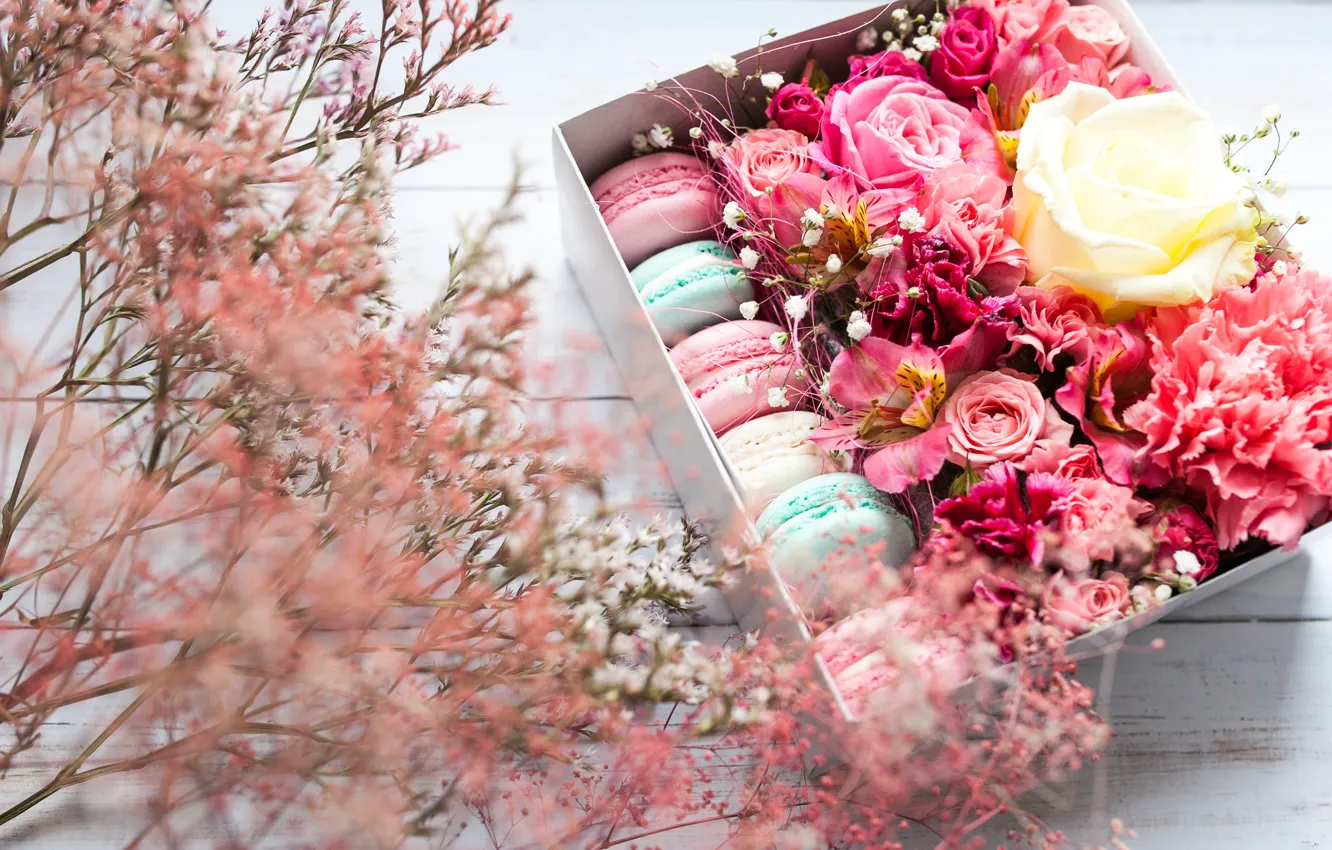 Фото обои цветы, коробка, pink, flowers, background, macaron