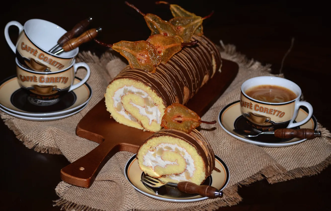 Фото обои кофе, груши, десерт, рулет