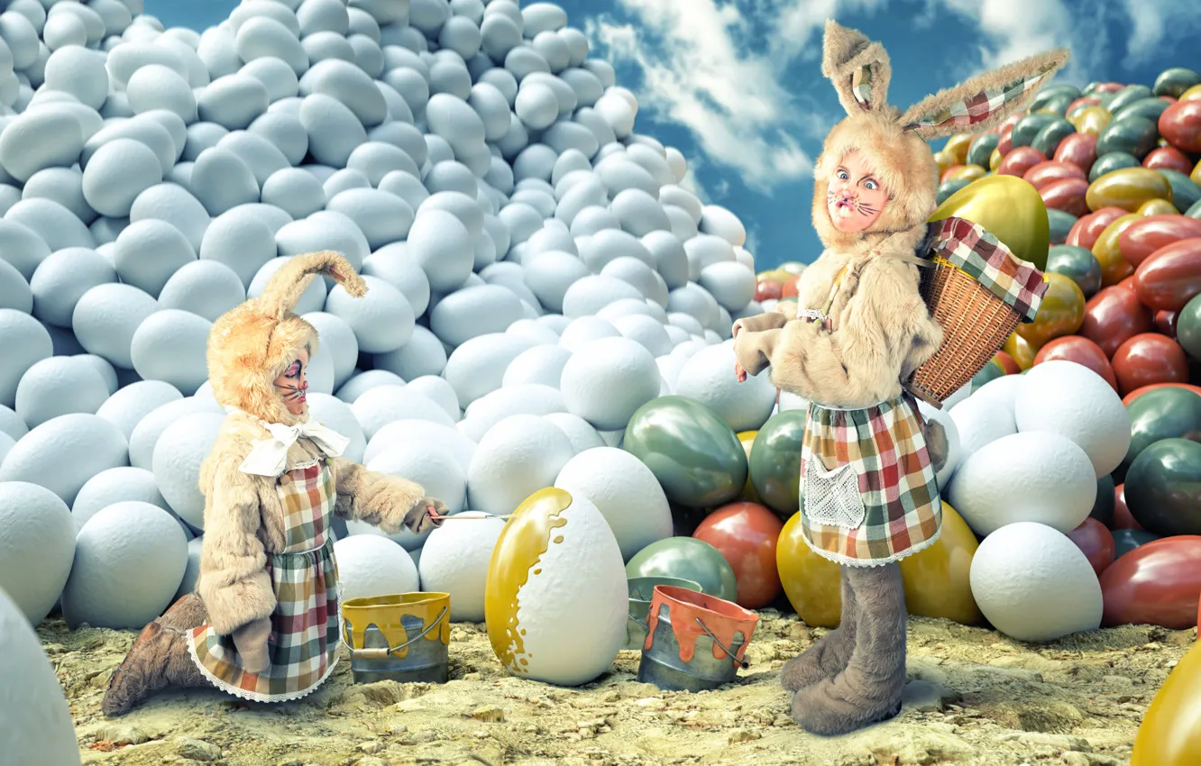 Фото обои дети, девочки, краска, яйца, пасха, кролики