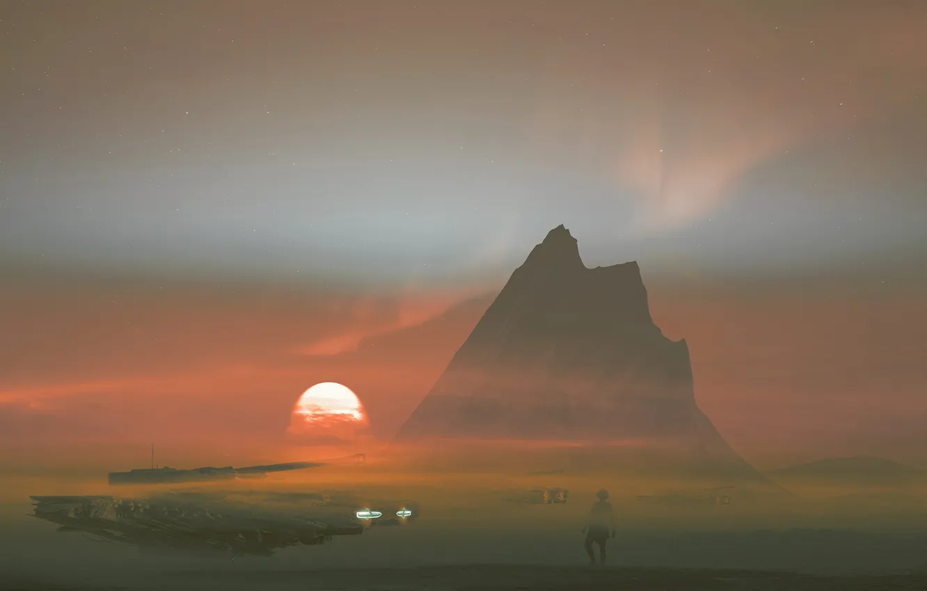 Фото обои солнце, закат, фантастика, скалы, дым, гора, арт, танк