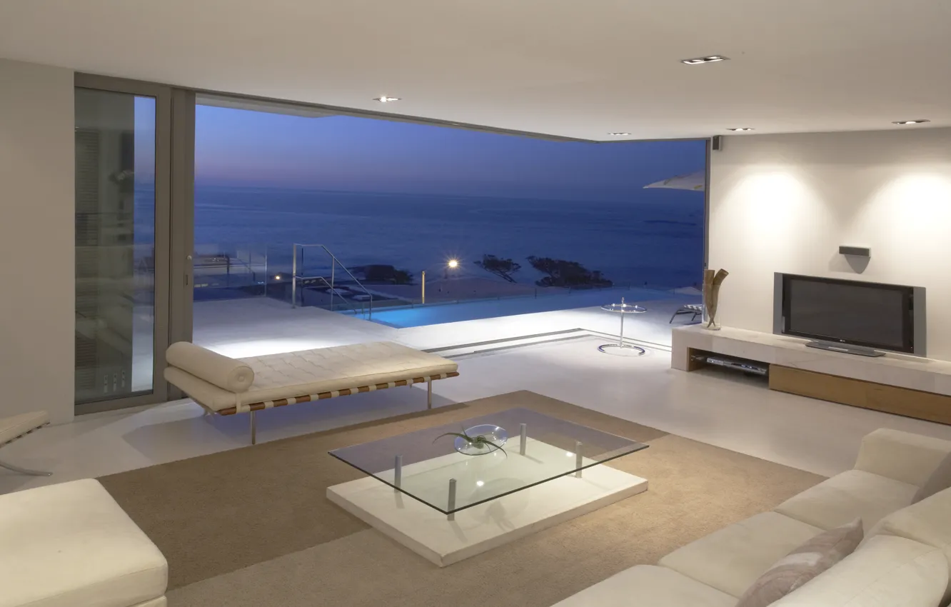 Фото обои море, пейзаж, стол, комната, океан, обои, интерьер, телевизор