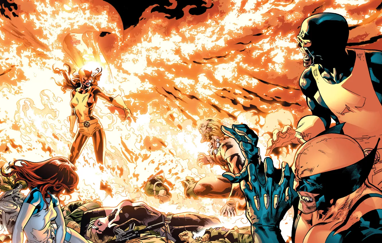 Фото обои битва, Wolverine, X-Men, Marvel Comics, Cyclops, Dark Phoenix, Sabretooth, Mistique