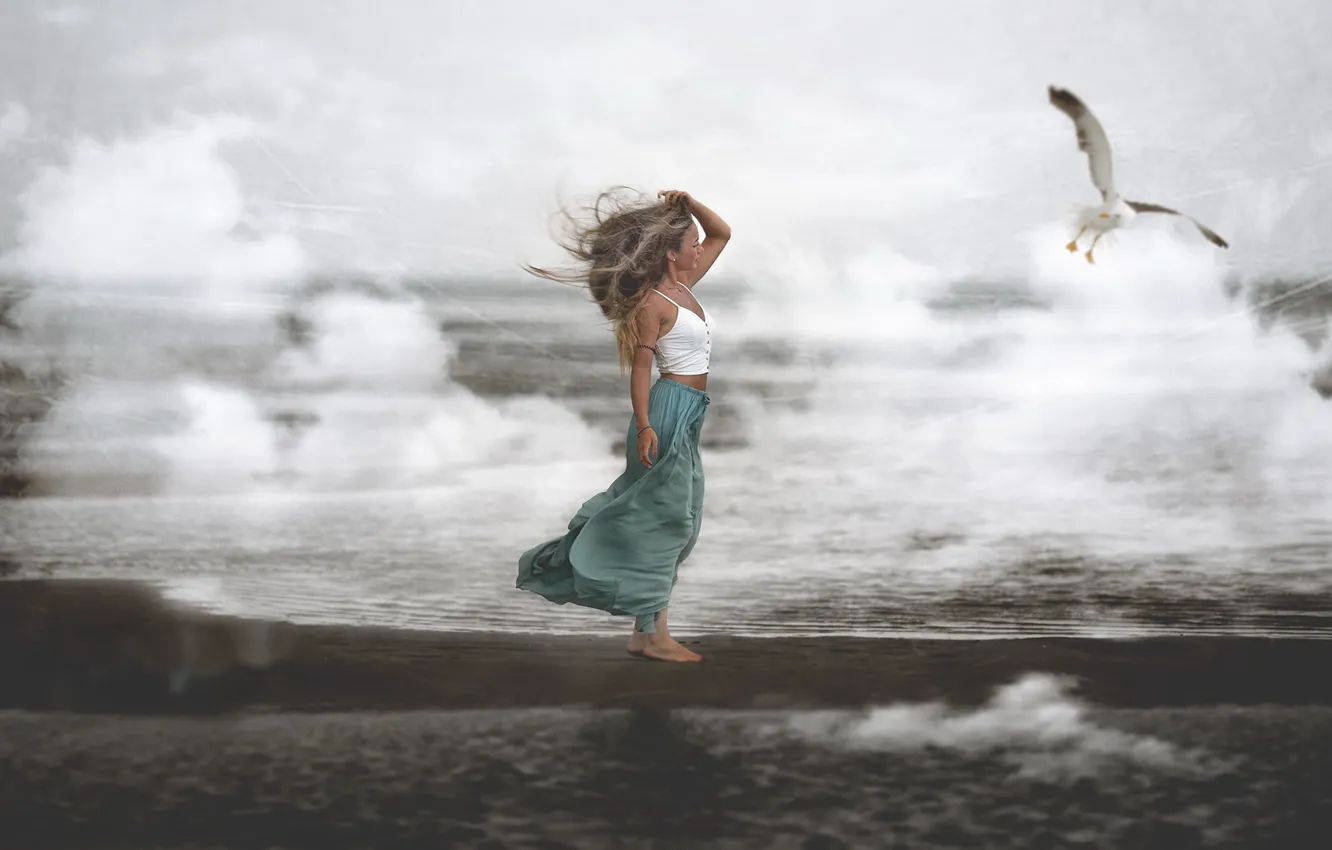 Фото обои море, девушка, птица, берег