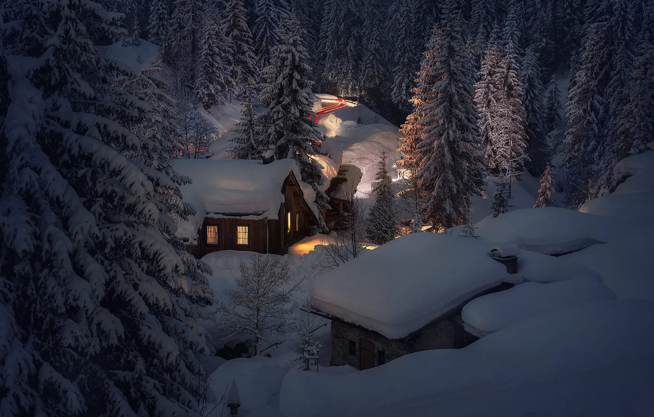 Фото обои зима, дорога, лес, снег, деревья, пейзаж, природа, дома
