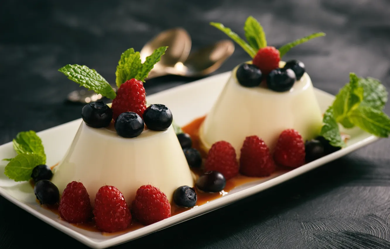 Фото обои ягоды, малина, черника, крем, десерт, сладкое, карамель, желе