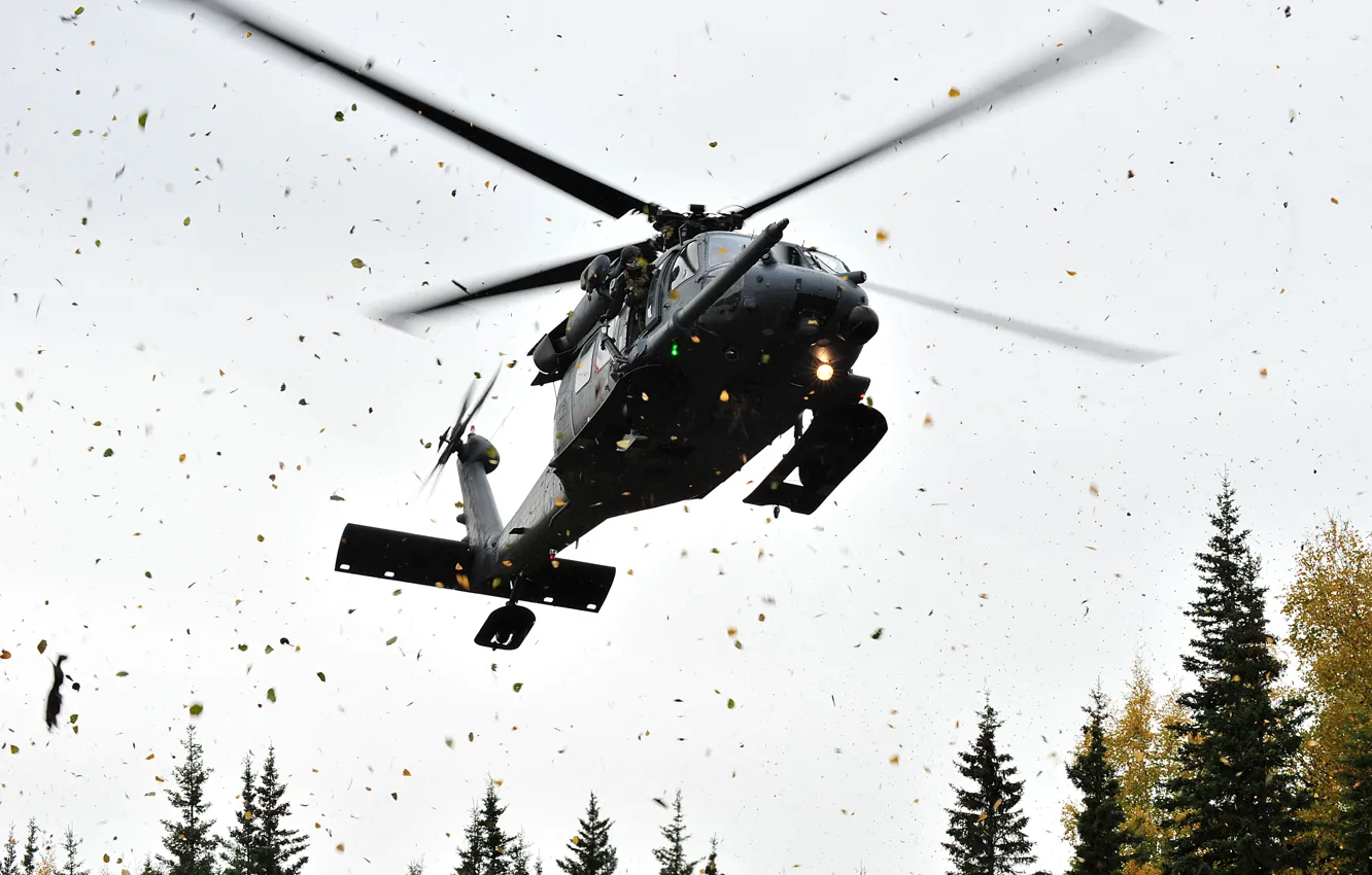 Фото обои осень, вертолет, Alaska, Air Force, Helicopter, Army, HH-60G, летящие листья