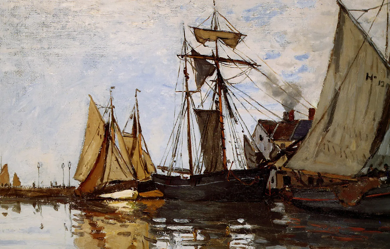 Фото обои вода, живопись, Клод Моне, Monet Claude, Солнце в порту Онфлер, Pont of Honfleur Sun