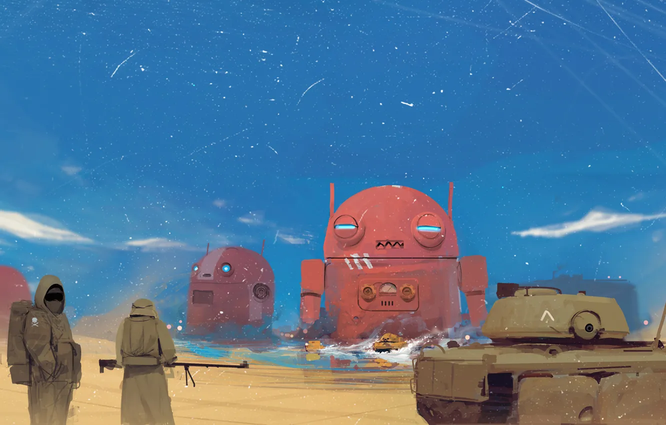 Фото обои робот, солдаты, танк
