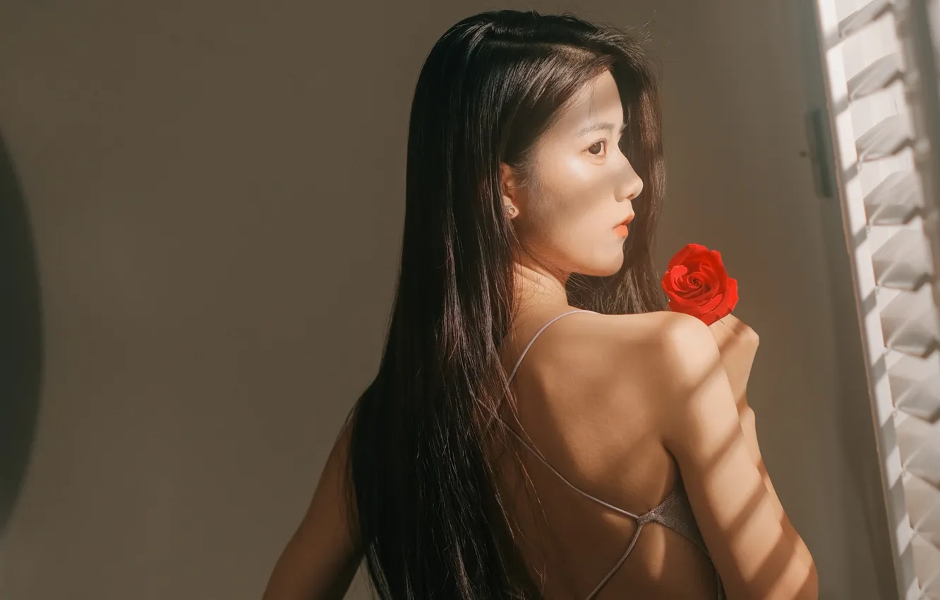 Фото обои Beautiful, Asian, Model, Flower, Rose, Woman, Back, Cute