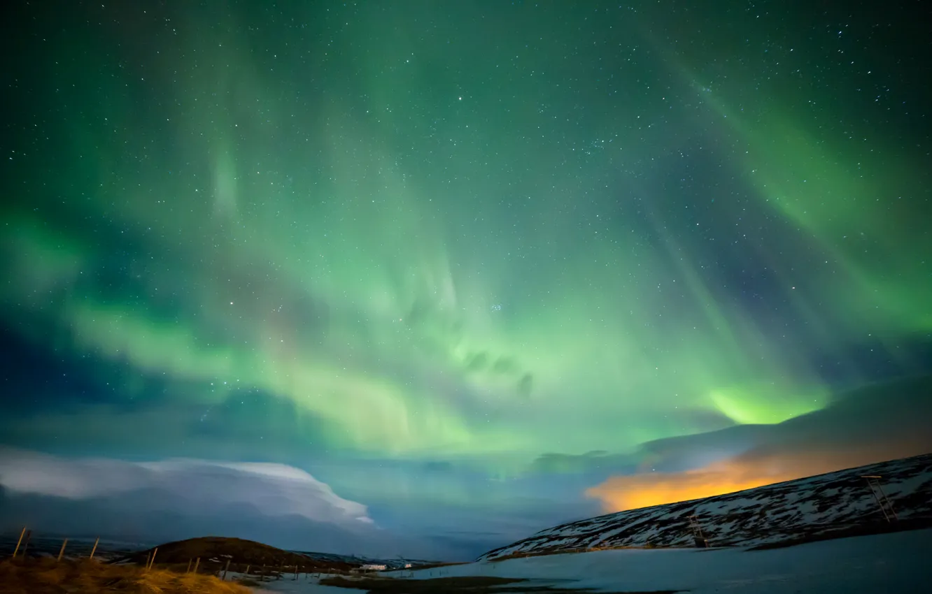 Фото обои снег, горы, ночь, сияние, Скандинавия