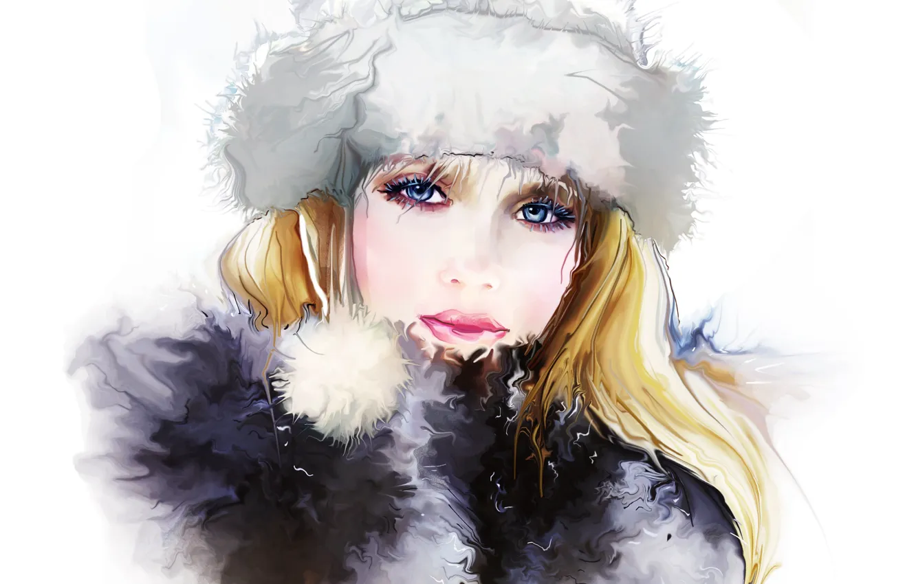 Фото обои зима, глаза, взгляд, девушка, лицо, ресницы, шапка, волосы