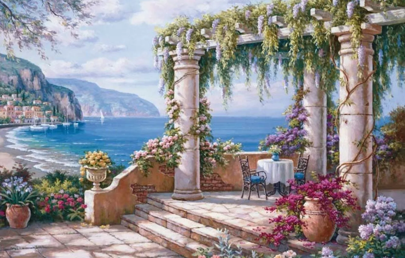 Фото обои море, цветы, картина, яхты, колонны, живопись, терраса, painting