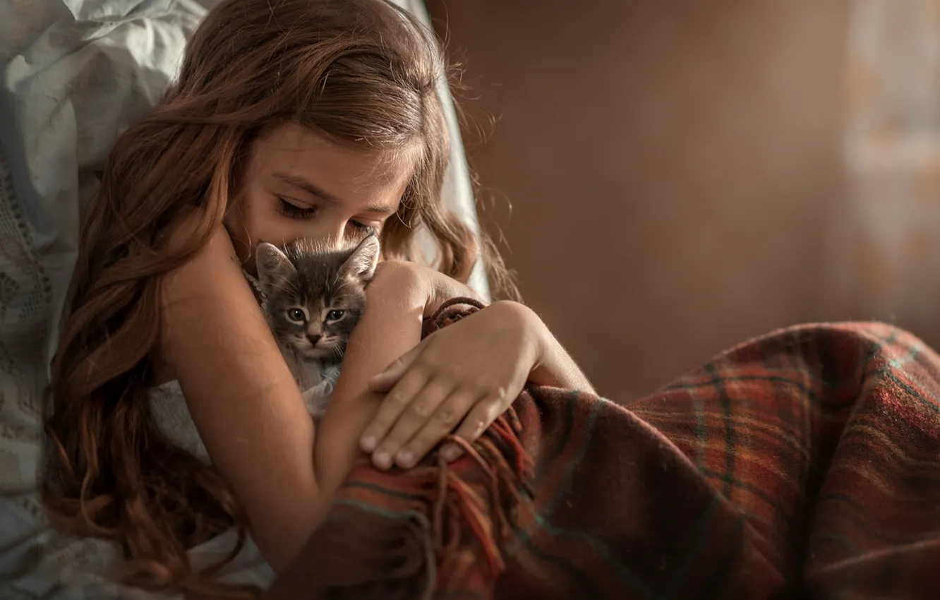 Фото обои любовь, котенок, волосы, девочка, одеяло