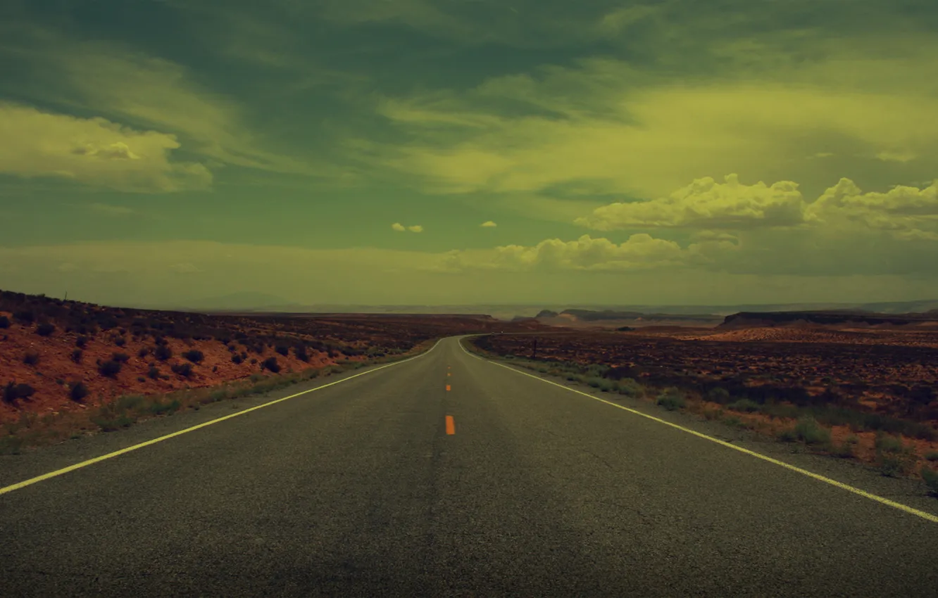 Фото обои дорога, небо, пустыня, поворот, колючки
