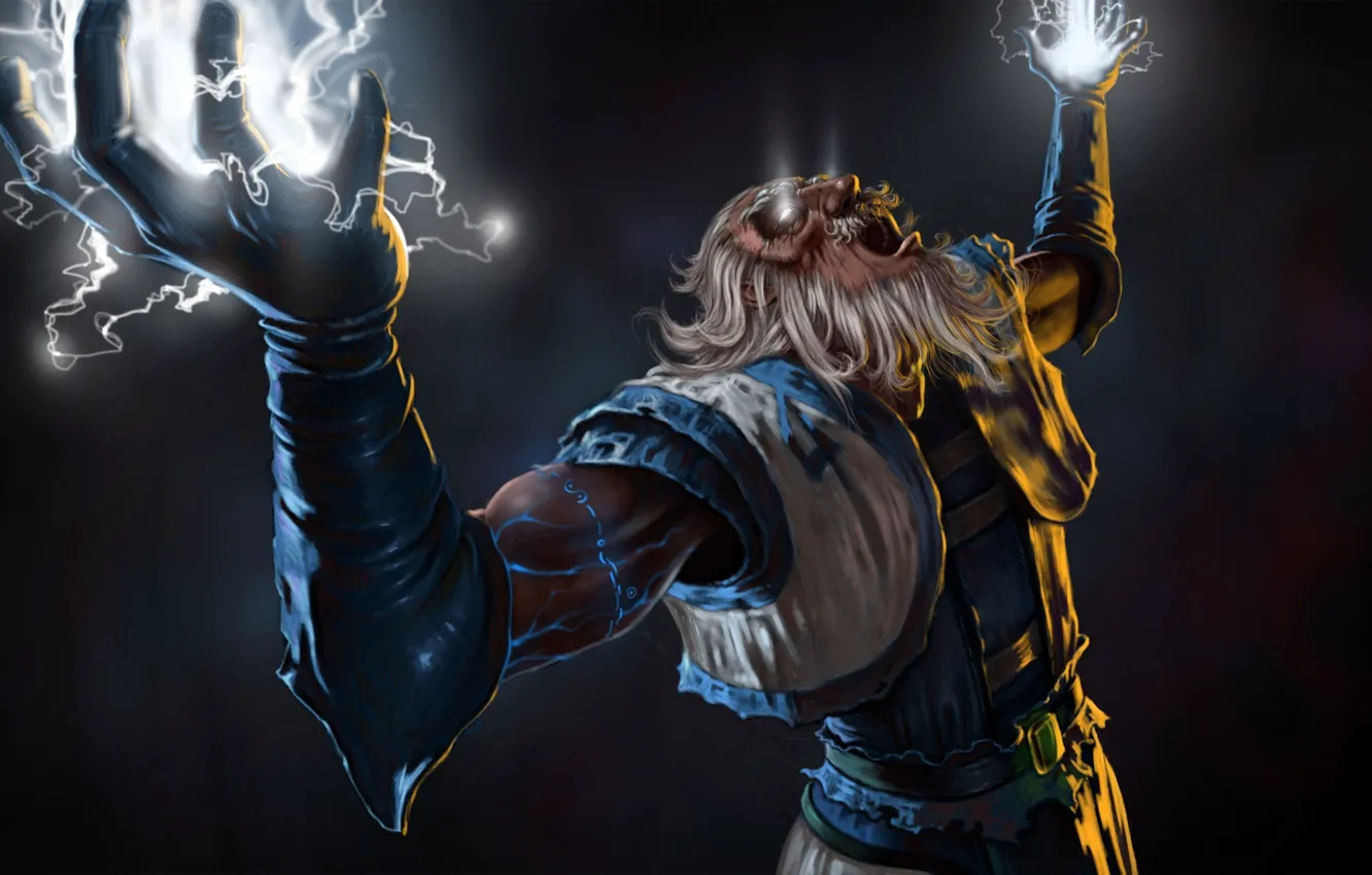 Фото обои молнии, бог, арт, Dota 2, седые волосы, Zeus, Lord of Heaven