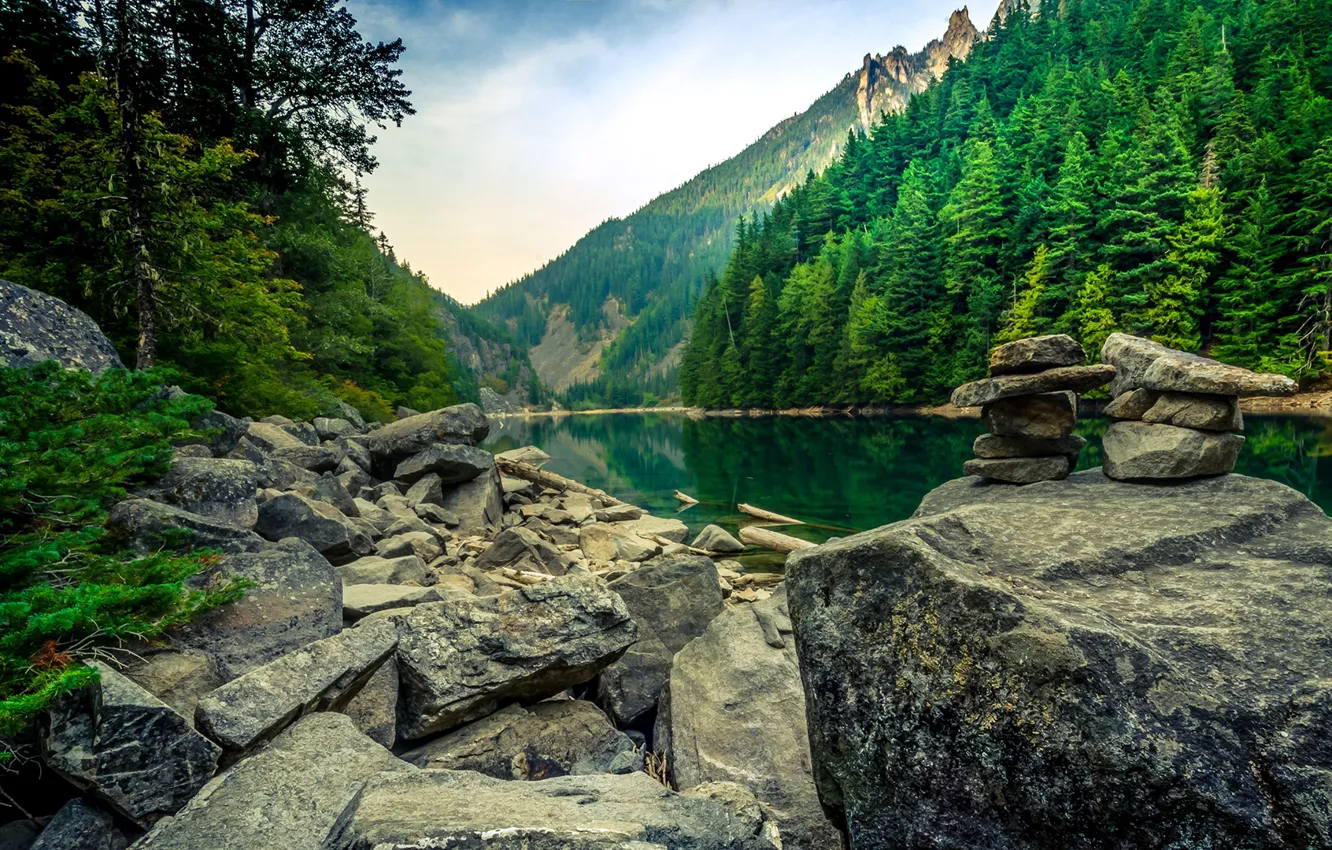 Фото обои лес, деревья, горы, озеро, камни, скалы, Канада, Chilliwack Provincial Park