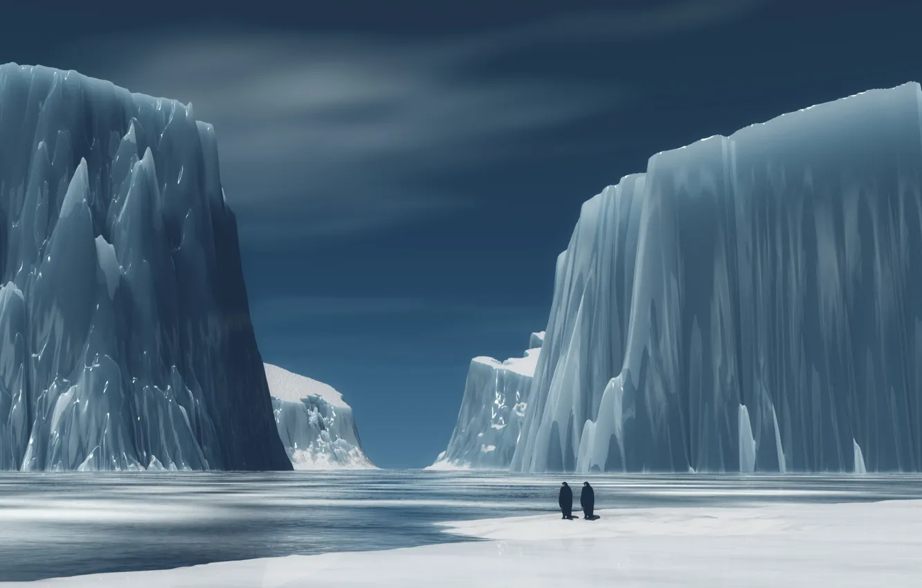 Фото обои горы, пингвины, Лед