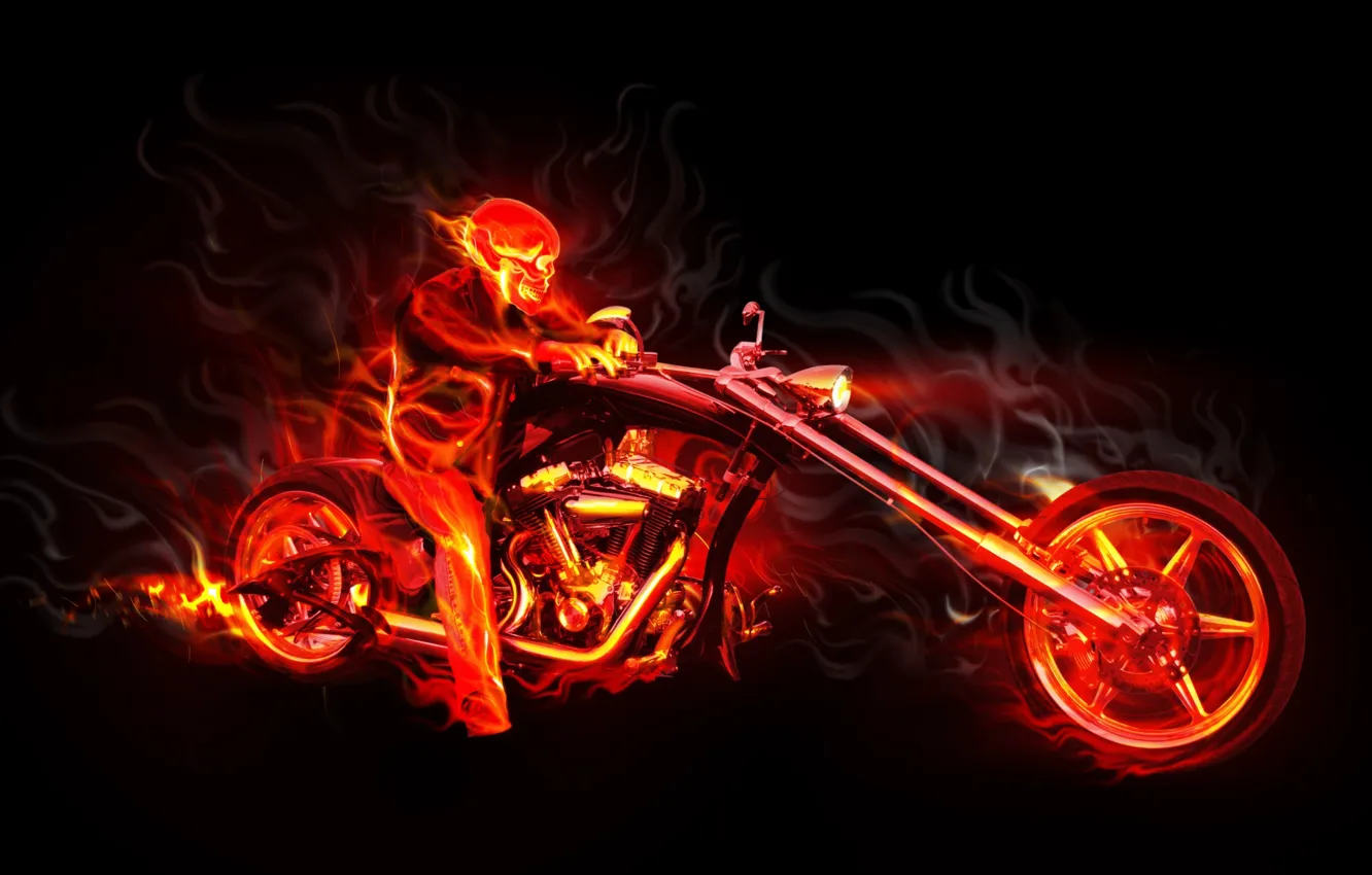 Фото обои пламя, череп, Мотоцикл