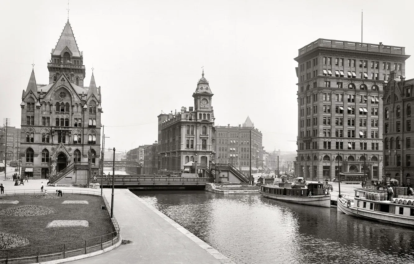Фото обои ретро, дома, Нью-Йорк, канал, США, 1904-й год