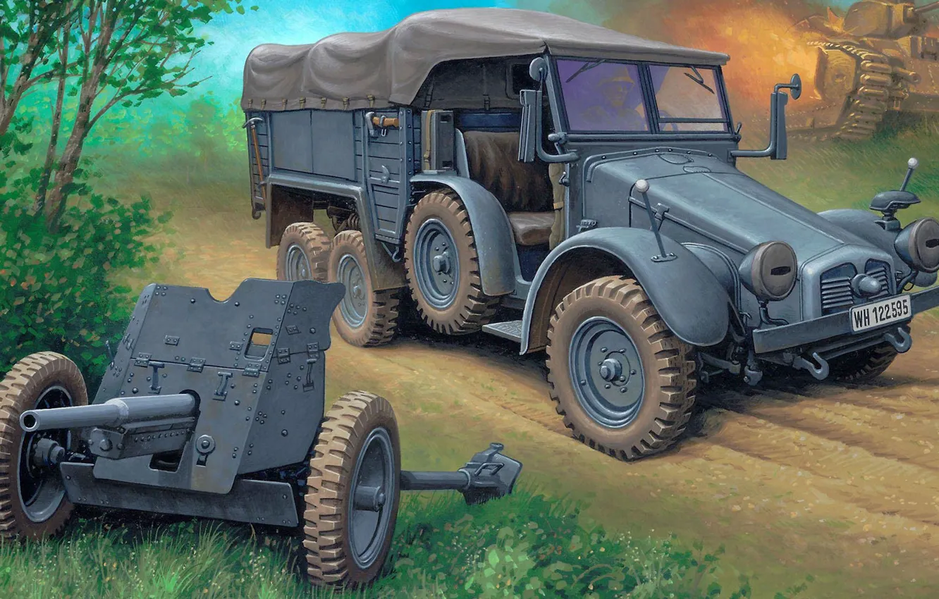 Фото обои рисунок, Kfz.69, Krupp Protze, Пушка: 3, 7cm Pak