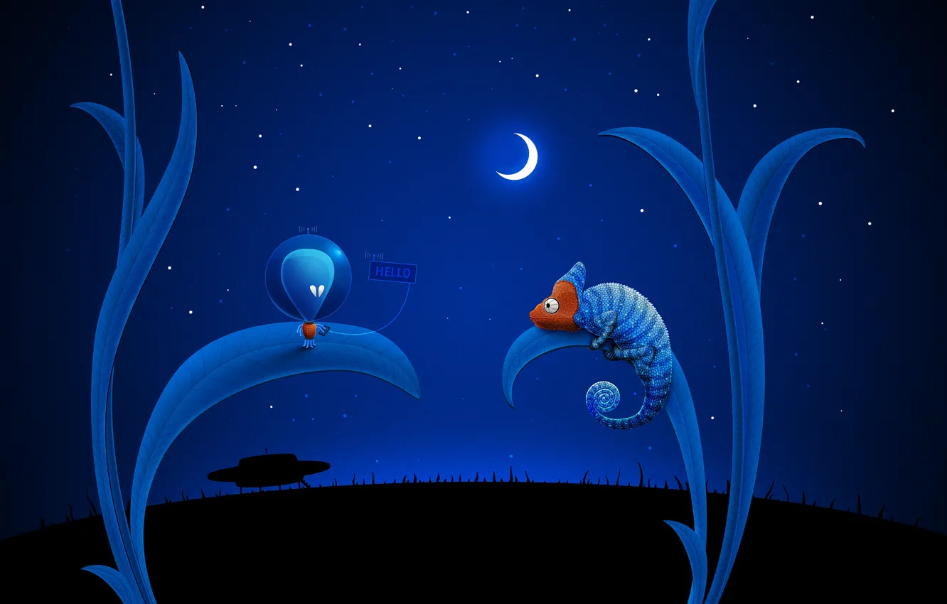 Фото обои хамелеон, луна, НЛО, Синий, инопланетянин