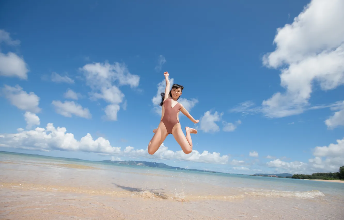 Фото обои Swimsuit, Clouds, Sky, Beautiful, Asian, Model, Coast, Water